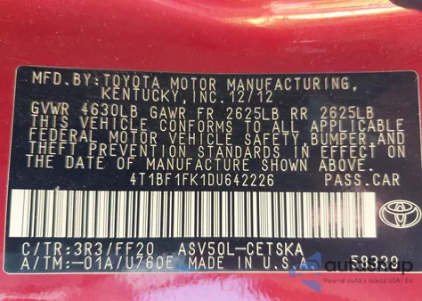 2013 Toyota Camry Se z USA, uszkodzony, nr VIN 4T1BF1FK1DU642226